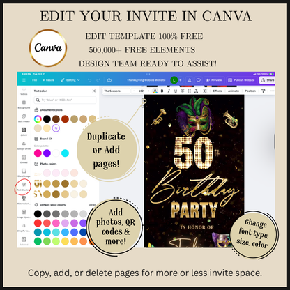 Editable mardi gras masquerade 50th birthday video invitation displayed on a mobile phone, featuring an animated vertical digital invite with music, created in Canva. This premium video invitation template is designed for sharing by text, email, and social media and works with an interactive RSVP website for easy guest response tracking.