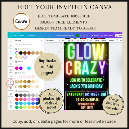 Editable neon glow kids birthday video invitation displayed on a mobile phone, featuring an animated vertical digital invite with music, created in Canva. This premium video invitation template is designed for sharing by text, email, and social media and works with an interactive RSVP website for easy guest response tracking.