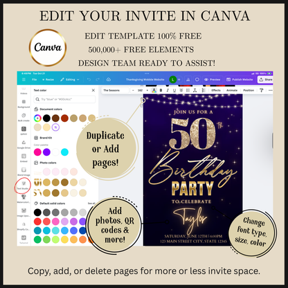 Editable purple gold glam 50th birthday video invitation displayed on a mobile phone, featuring an animated vertical digital invite with music, created in Canva. This premium video invitation template is designed for sharing by text, email, and social media and works with an interactive RSVP website for easy guest response tracking.