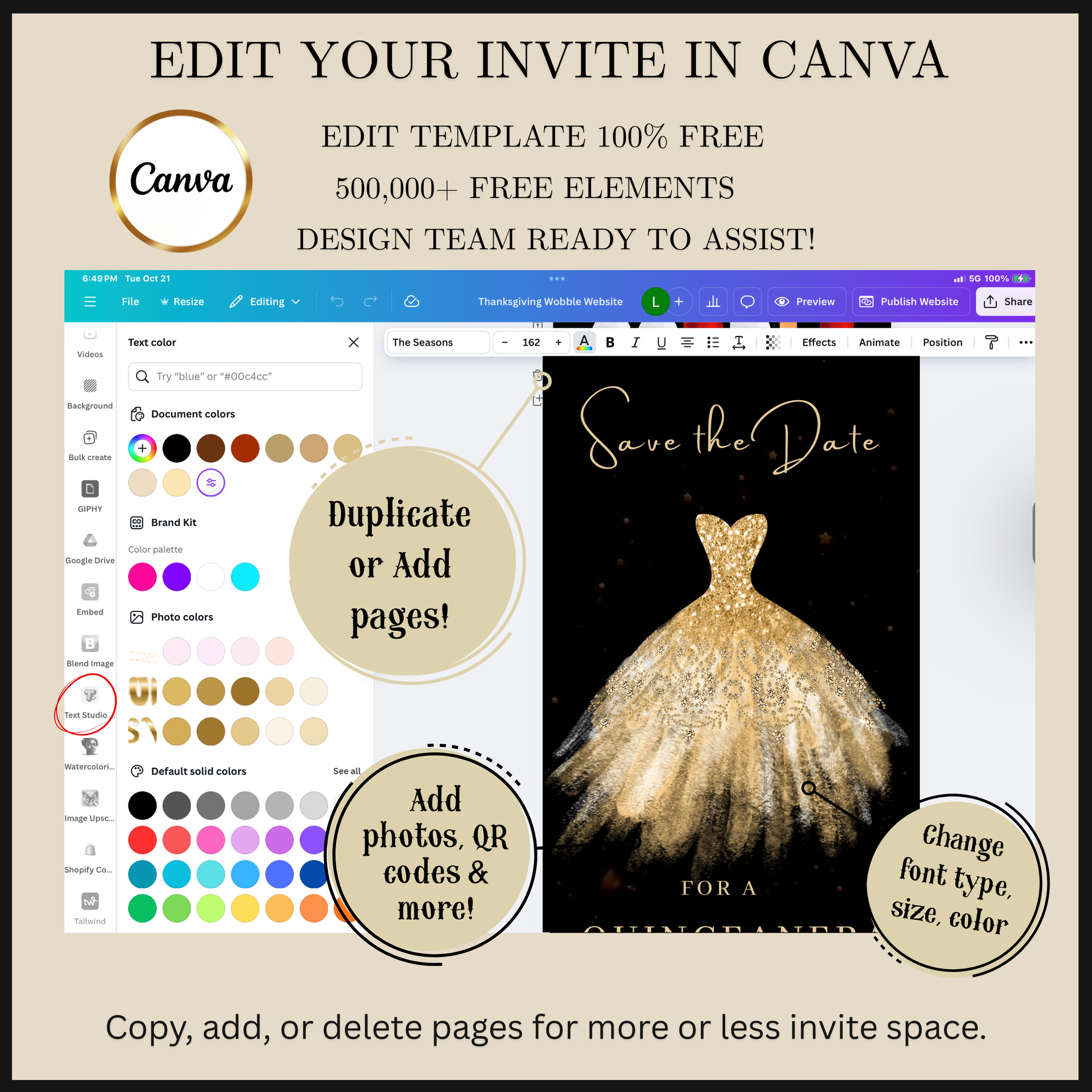 Editable gold glitter dress Quinceañera video invitation displayed on a mobile phone, featuring an animated vertical digital invite with music, created in Canva. This premium video invitation template is designed for sharing by text, email, and social media and works with an interactive RSVP website for easy guest response tracking.