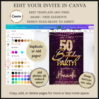 Editable pink gold sequin 50th birthday video invitation displayed on a mobile phone, featuring an animated vertical digital invite with music, created in Canva. This premium video invitation template is designed for sharing by text, email, and social media and works with an interactive RSVP website for easy guest response tracking.