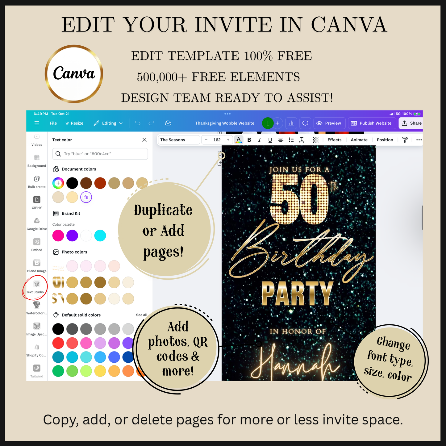 Editable teal green 50th birthday video invitation displayed on a mobile phone, featuring an animated vertical digital invite with music, created in Canva. This premium video invitation template is designed for sharing by text, email, and social media and works with an interactive RSVP website for easy guest response tracking.