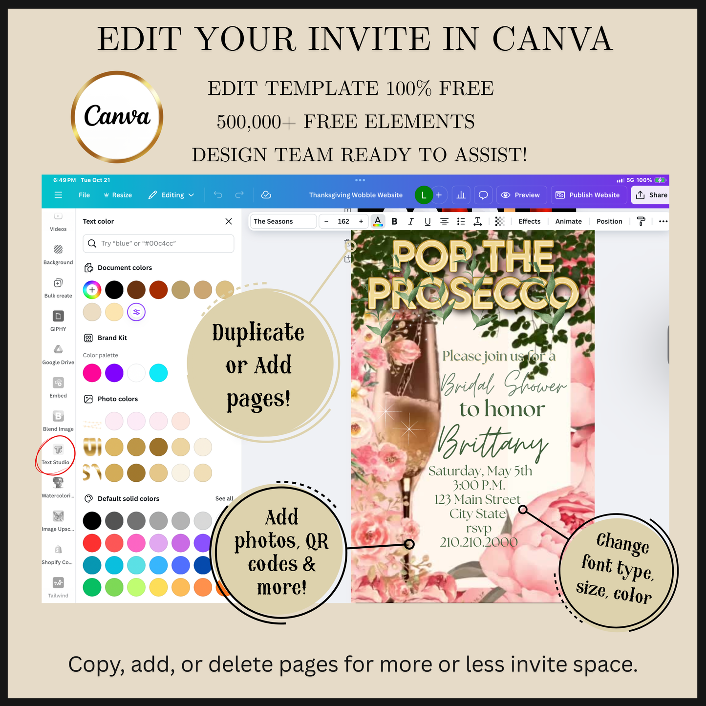 Editable pink peony pop the prosecco bridal shower video invitation displayed on a mobile phone, featuring an animated vertical digital invite with music, created in Canva. This premium video invitation template is designed for sharing by text, email, and social media and works with an interactive RSVP website for easy guest response tracking.