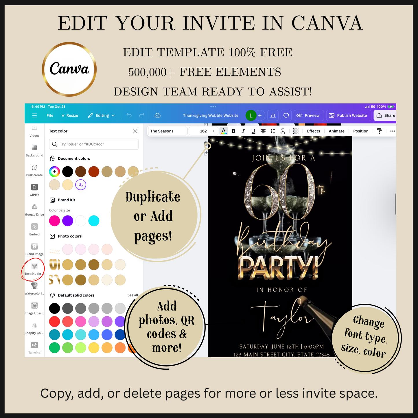 Editable black gold champagne 60th birthday video invitation displayed on a mobile phone, featuring an animated vertical digital invite with music, created in Canva. This premium video invitation template is designed for sharing by text, email, and social media and works with an interactive RSVP website for easy guest response tracking.