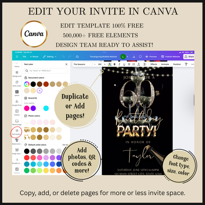 Editable black gold champagne 60th birthday video invitation displayed on a mobile phone, featuring an animated vertical digital invite with music, created in Canva. This premium video invitation template is designed for sharing by text, email, and social media and works with an interactive RSVP website for easy guest response tracking.