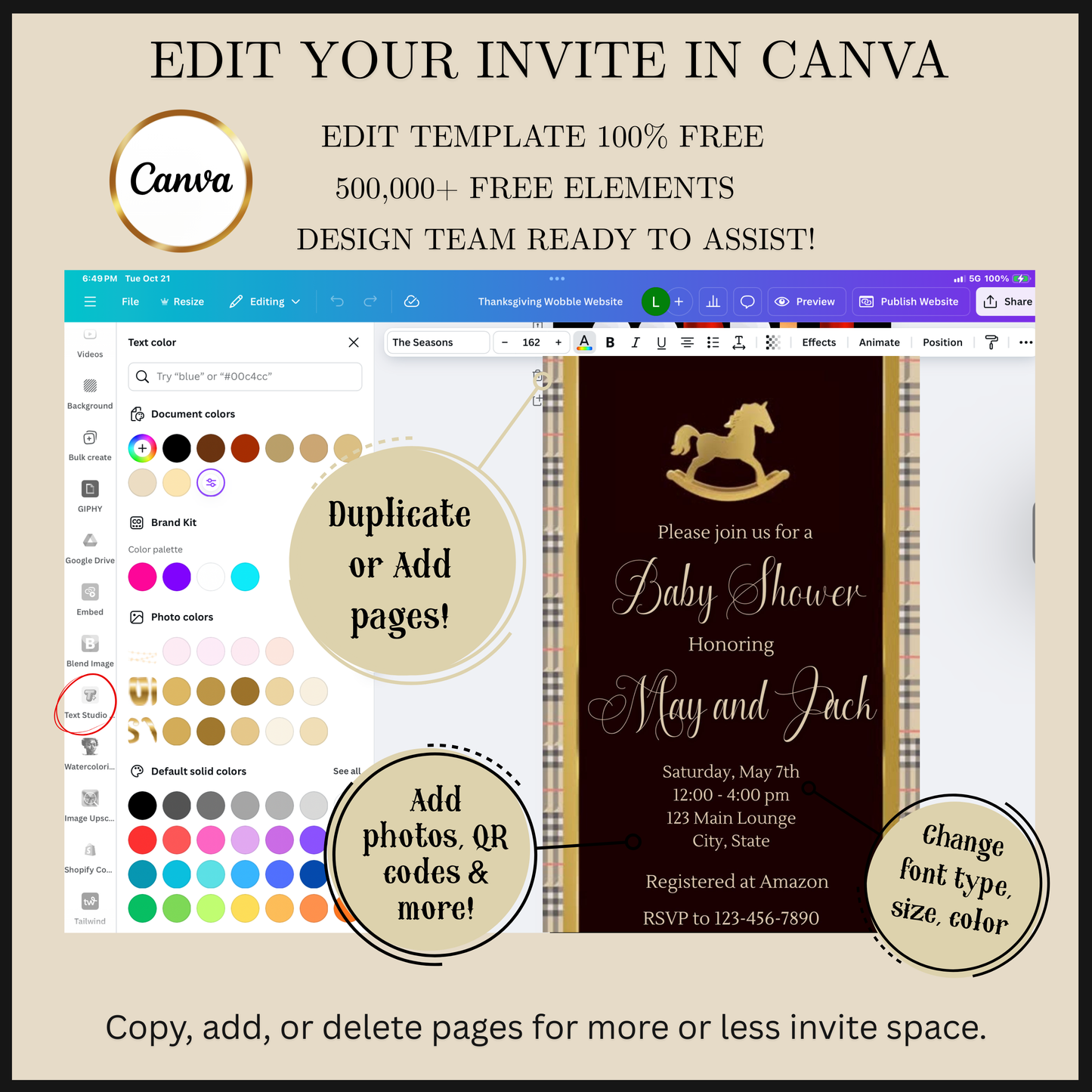 Editable maroon ralph lauren polo baby shower video invitation displayed on a mobile phone, featuring an animated vertical digital invite with music, created in Canva. This premium video invitation template is designed for sharing by text, email, and social media and works with an interactive RSVP website for easy guest response tracking.