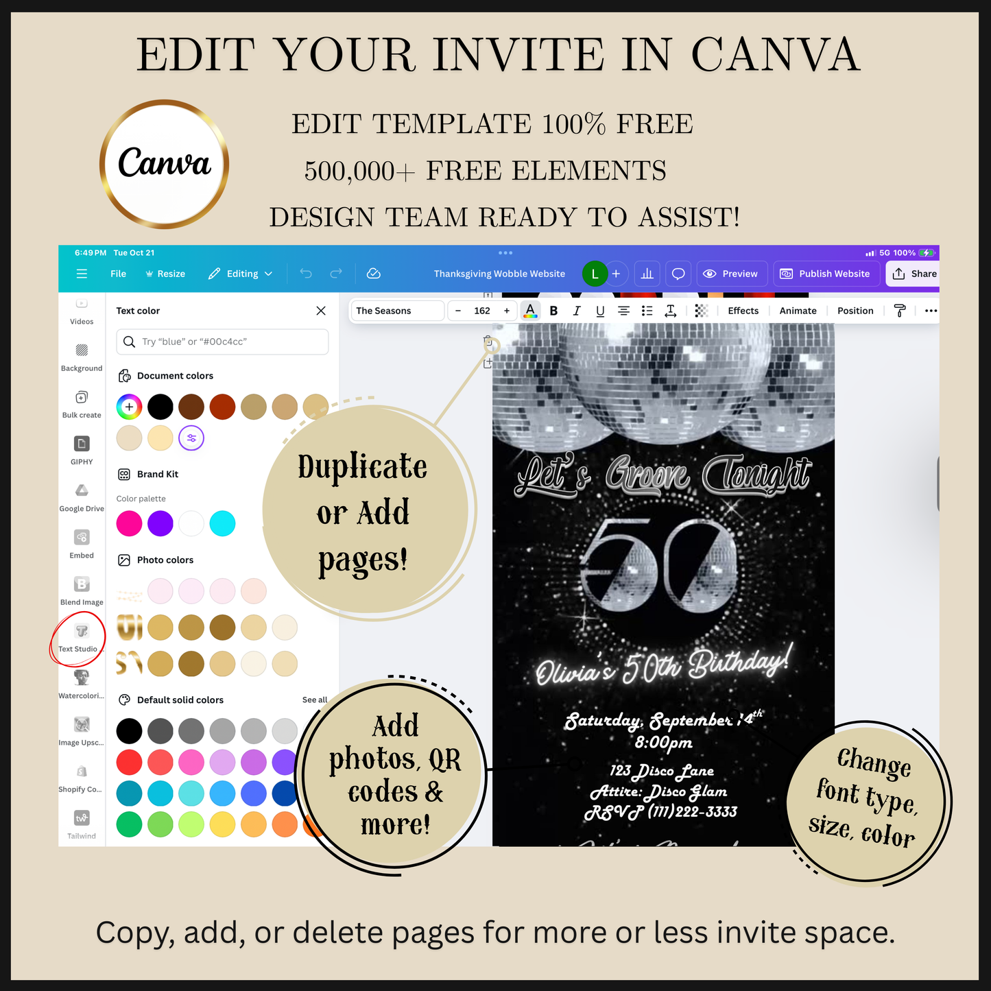 Editable disco silver 50th birthday video invitation displayed on a mobile phone, featuring an animated vertical digital invite with music, created in Canva. This premium video invitation template is designed for sharing by text, email, and social media and works with an interactive RSVP website for easy guest response tracking.