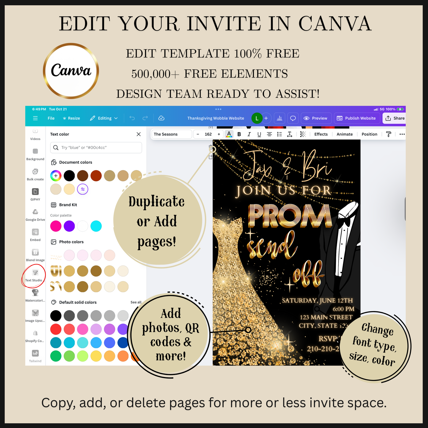 Editable black gold elegant prom send off video invitation displayed on a mobile phone, featuring an animated vertical digital invite with music, created in Canva. This premium video invitation template is designed for sharing by text, email, and social media and works with an interactive RSVP website for easy guest response tracking.