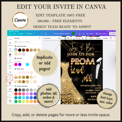 Editable black gold elegant prom send off video invitation displayed on a mobile phone, featuring an animated vertical digital invite with music, created in Canva. This premium video invitation template is designed for sharing by text, email, and social media and works with an interactive RSVP website for easy guest response tracking.