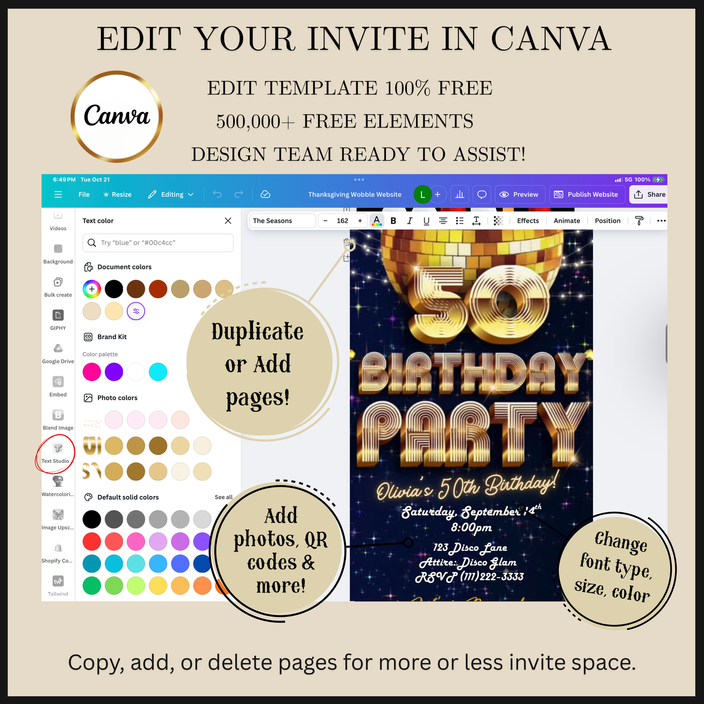 Editable gold disco 50th birthday video invitation displayed on a mobile phone, featuring an animated vertical digital invite with music, created in Canva. This premium video invitation template is designed for sharing by text, email, and social media and works with an interactive RSVP website for easy guest response tracking.