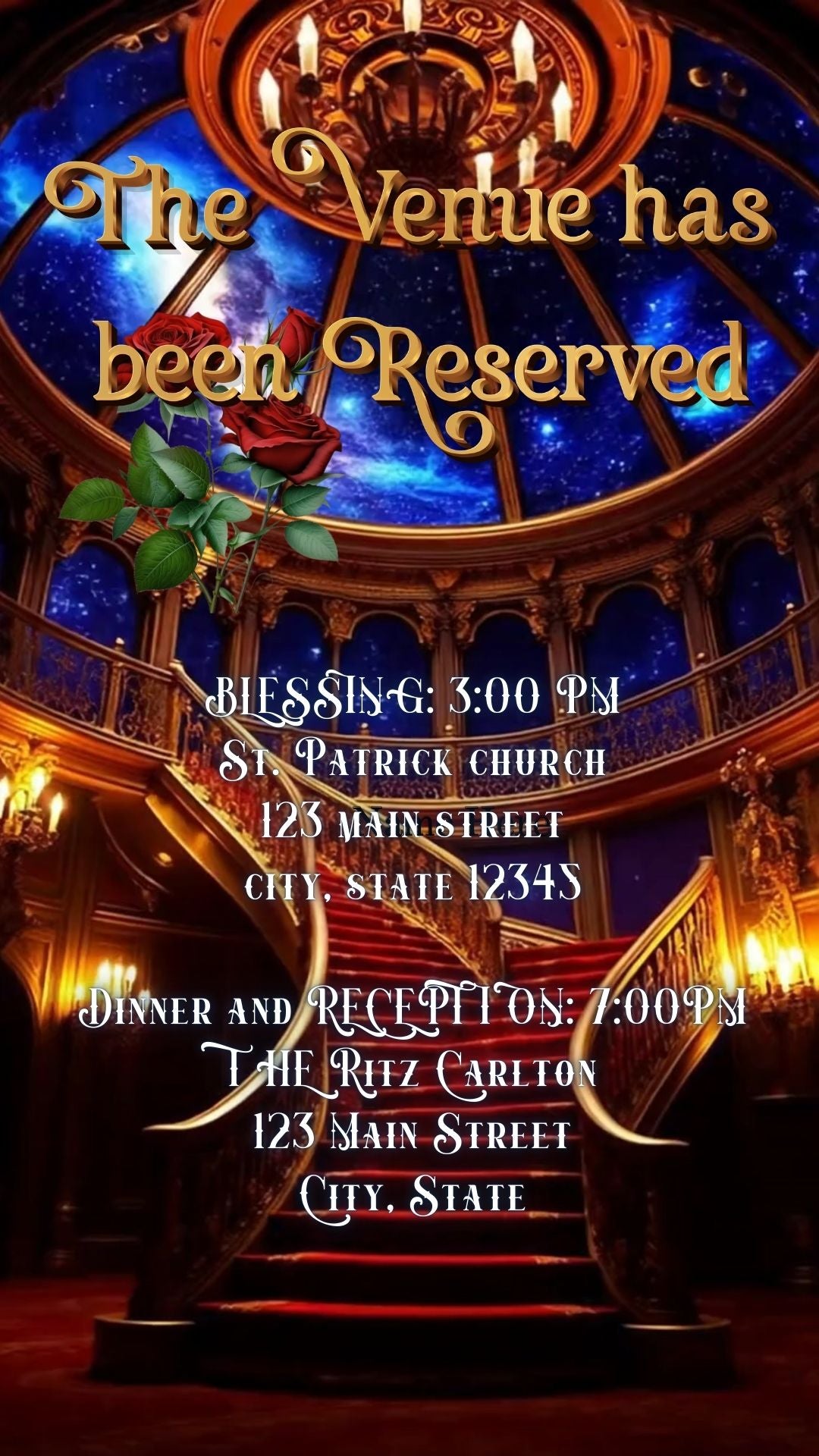 Editable beauty and the beast fairytale quinceañera event video invitation displayed on a mobile phone, featuring an animated vertical digital invite with music, created in Canva. This premium video invitation template is designed for sharing by text, email, and social media and works with an interactive RSVP website for easy guest response tracking.