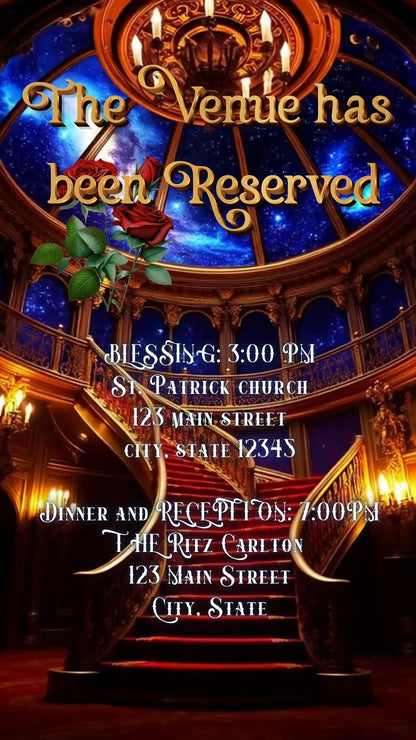 Editable beauty and the beast fairytale quinceañera event video invitation displayed on a mobile phone, featuring an animated vertical digital invite with music, created in Canva. This premium video invitation template is designed for sharing by text, email, and social media and works with an interactive RSVP website for easy guest response tracking.