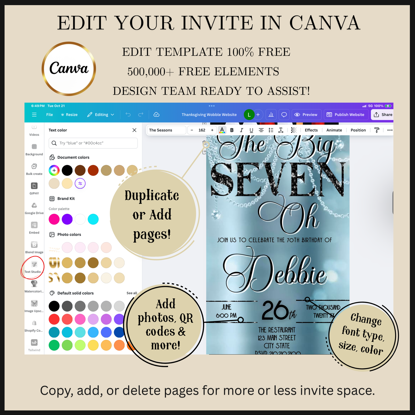 Editable baby blue elegant 70th birthday video invitation displayed on a mobile phone, featuring an animated vertical digital invite with music, created in Canva. This premium video invitation template is designed for sharing by text, email, and social media and works with an interactive RSVP website for easy guest response tracking.