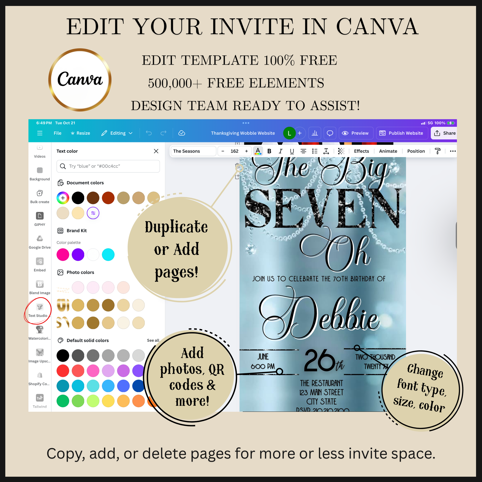 Editable baby blue elegant 70th birthday video invitation displayed on a mobile phone, featuring an animated vertical digital invite with music, created in Canva. This premium video invitation template is designed for sharing by text, email, and social media and works with an interactive RSVP website for easy guest response tracking.