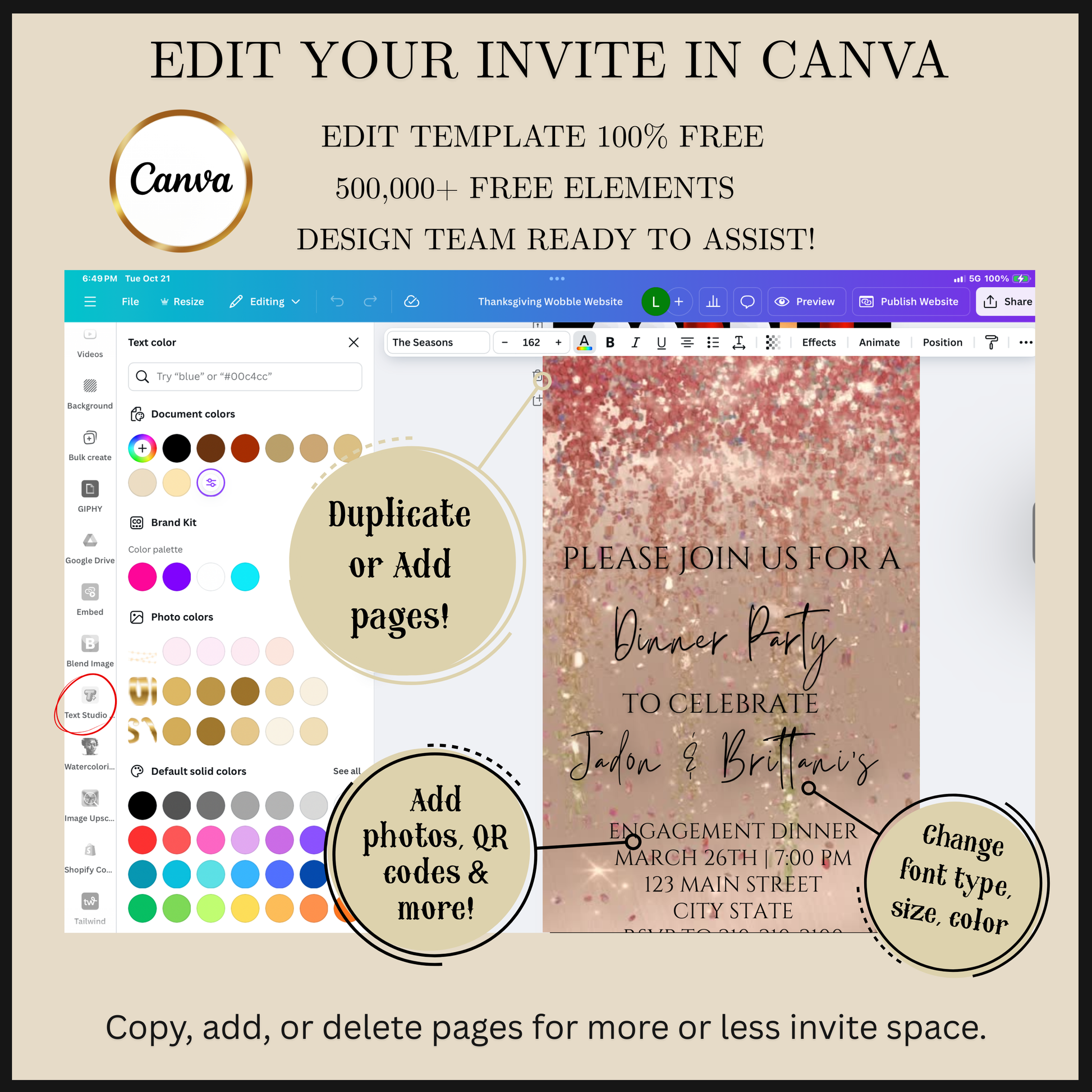 Editable rose gold watercolor glitter engagement dinner video invitation displayed on a mobile phone, featuring an animated vertical digital invite with music, created in Canva. This premium video invitation template is designed for sharing by text, email, and social media and works with an interactive RSVP website for easy guest response tracking.