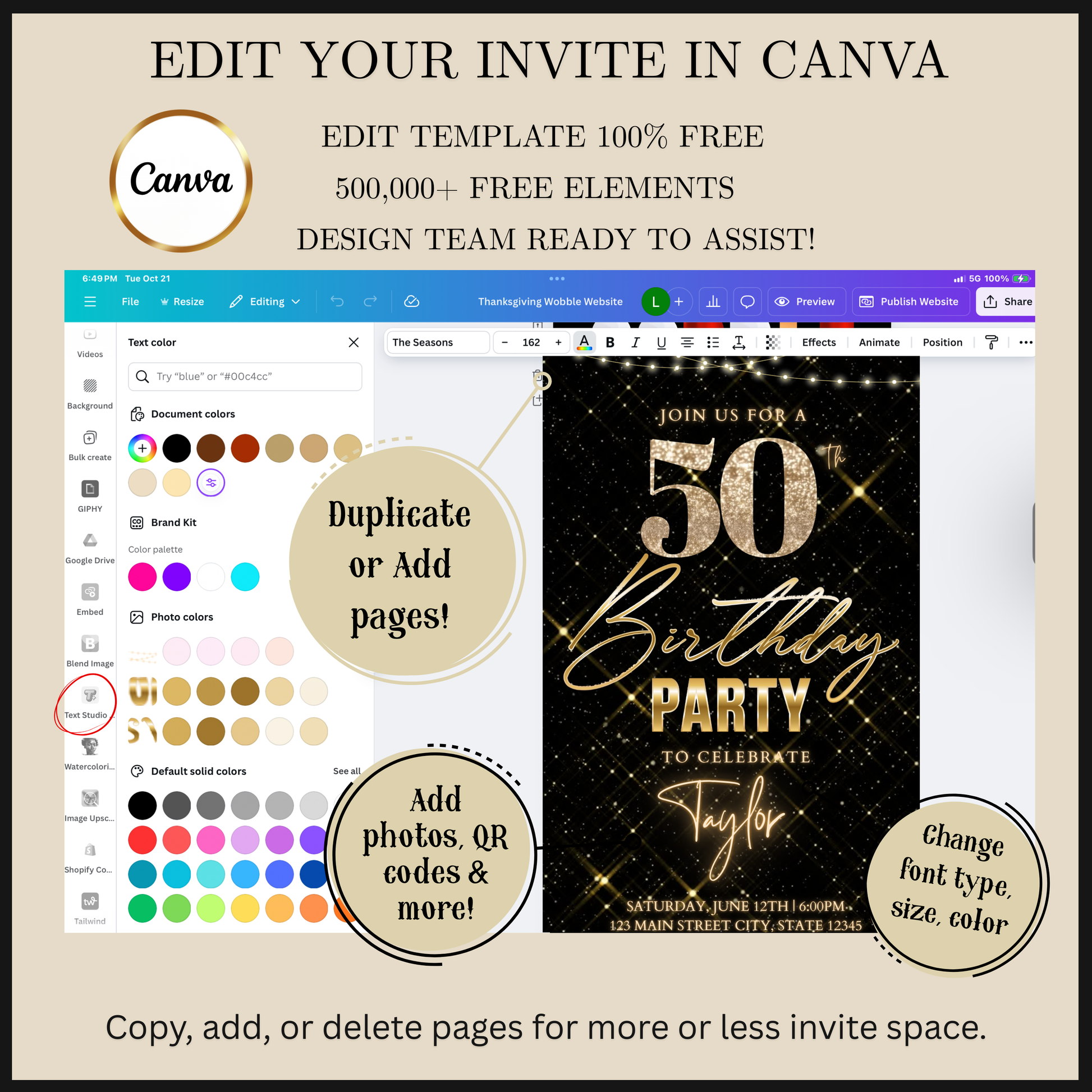 Editable black gold sparkle 50th birthday video invitation displayed on a mobile phone, featuring an animated vertical digital invite with music, created in Canva. This premium video invitation template is designed for sharing by text, email, and social media and works with an interactive RSVP website for easy guest response tracking.