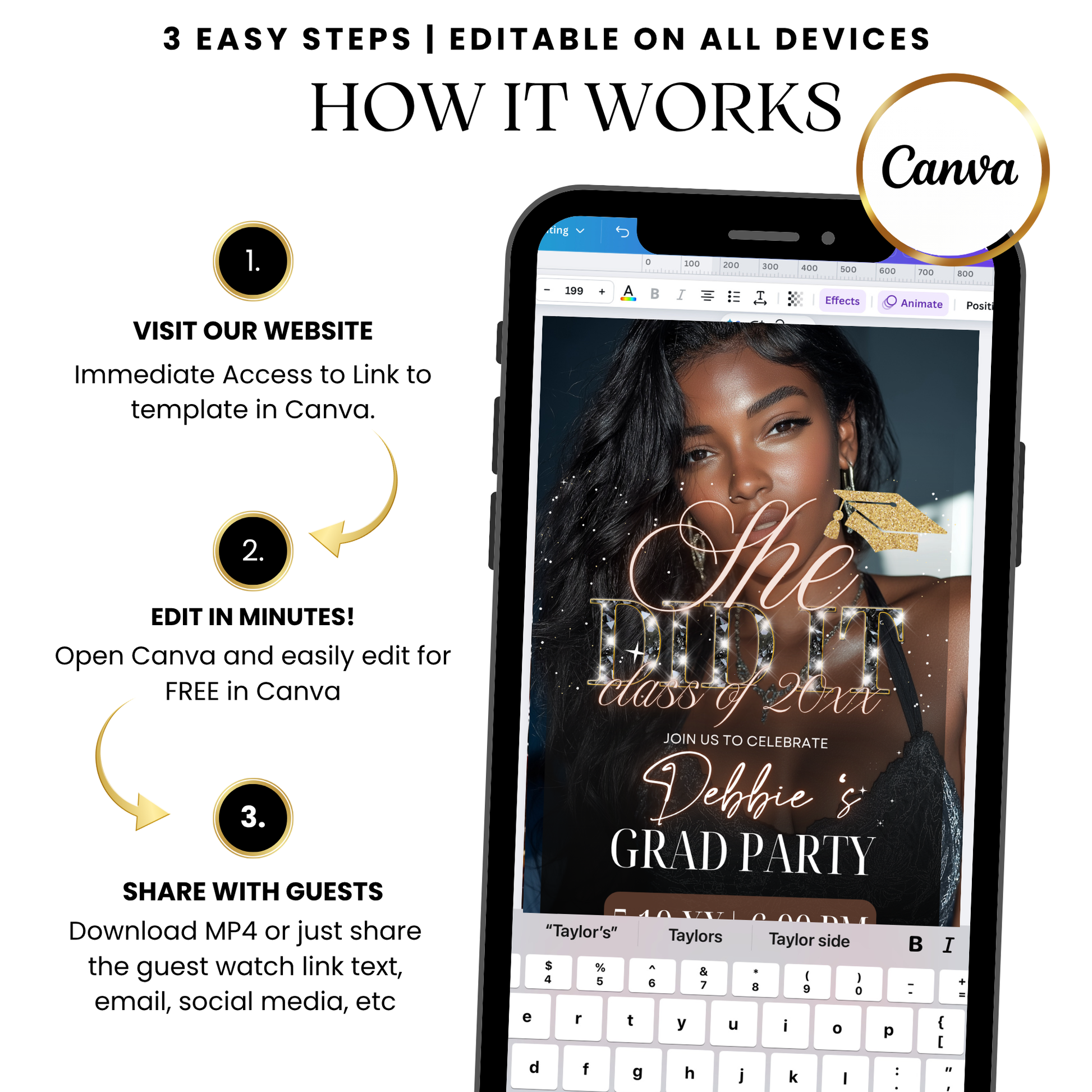 Black and Gold Graduation Video Invite Canva Editable