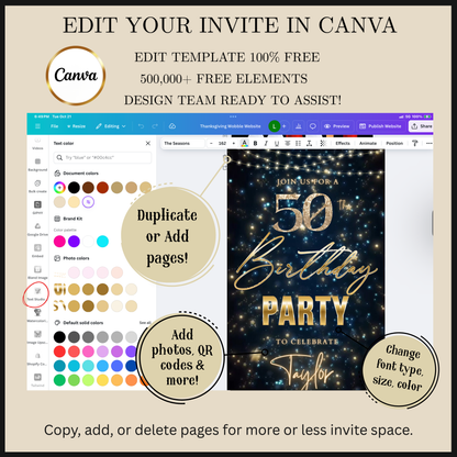 Editable navy blue gold starry 50th birthday video invitation displayed on a mobile phone, featuring an animated vertical digital invite with music, created in Canva. This premium video invitation template is designed for sharing by text, email, and social media and works with an interactive RSVP website for easy guest response tracking.