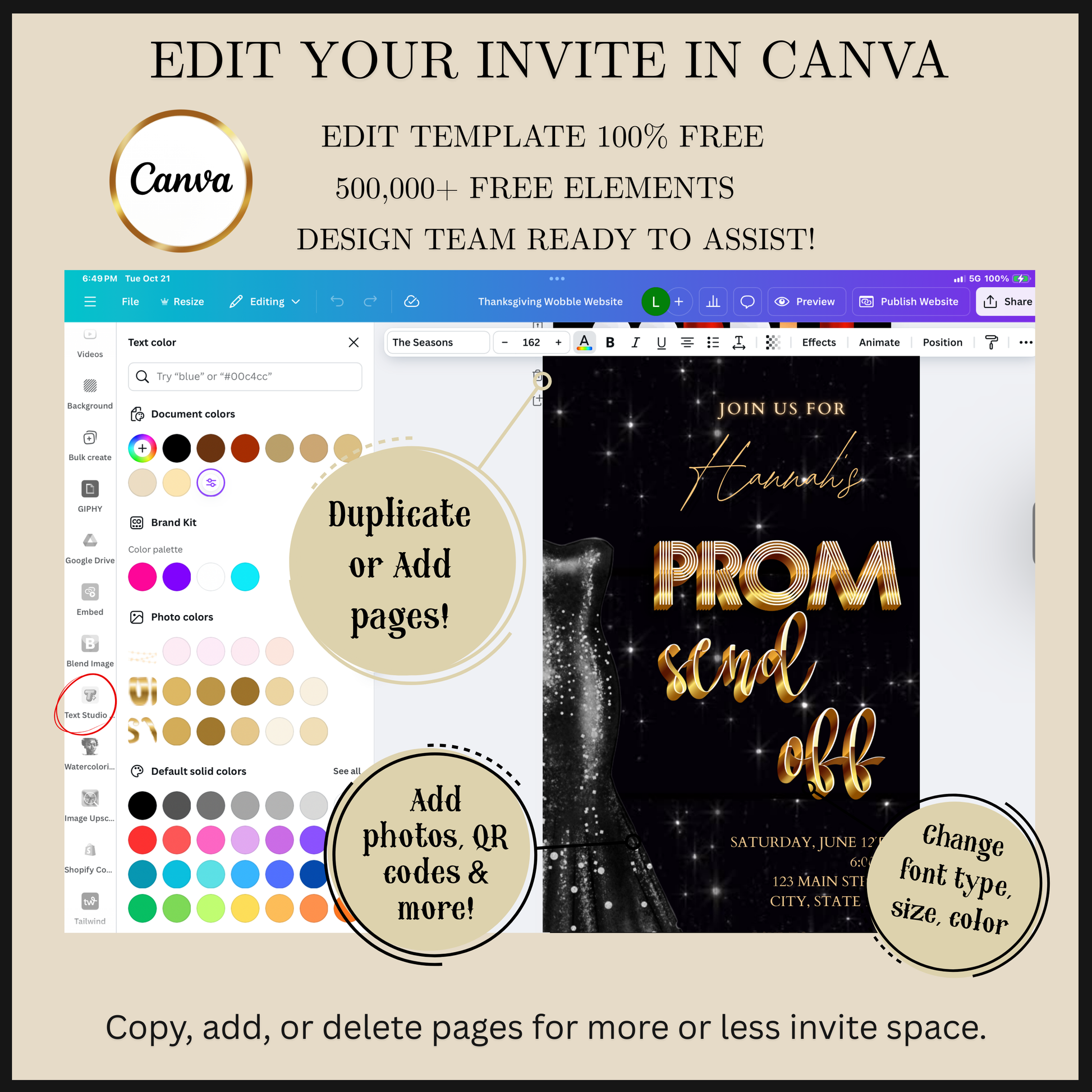 Editable black gold prom send off video invitation displayed on a mobile phone, featuring an animated vertical digital invite with music, created in Canva. This premium video invitation template is designed for sharing by text, email, and social media and works with an interactive RSVP website for easy guest response tracking.
