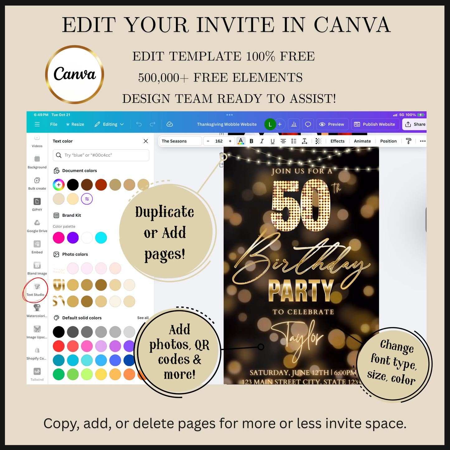 Editable blue gold starry 50th birthday video invitation displayed on a mobile phone, featuring an animated vertical digital invite with music, created in Canva. This premium video invitation template is designed for sharing by text, email, and social media and works with an interactive RSVP website for easy guest response tracking.