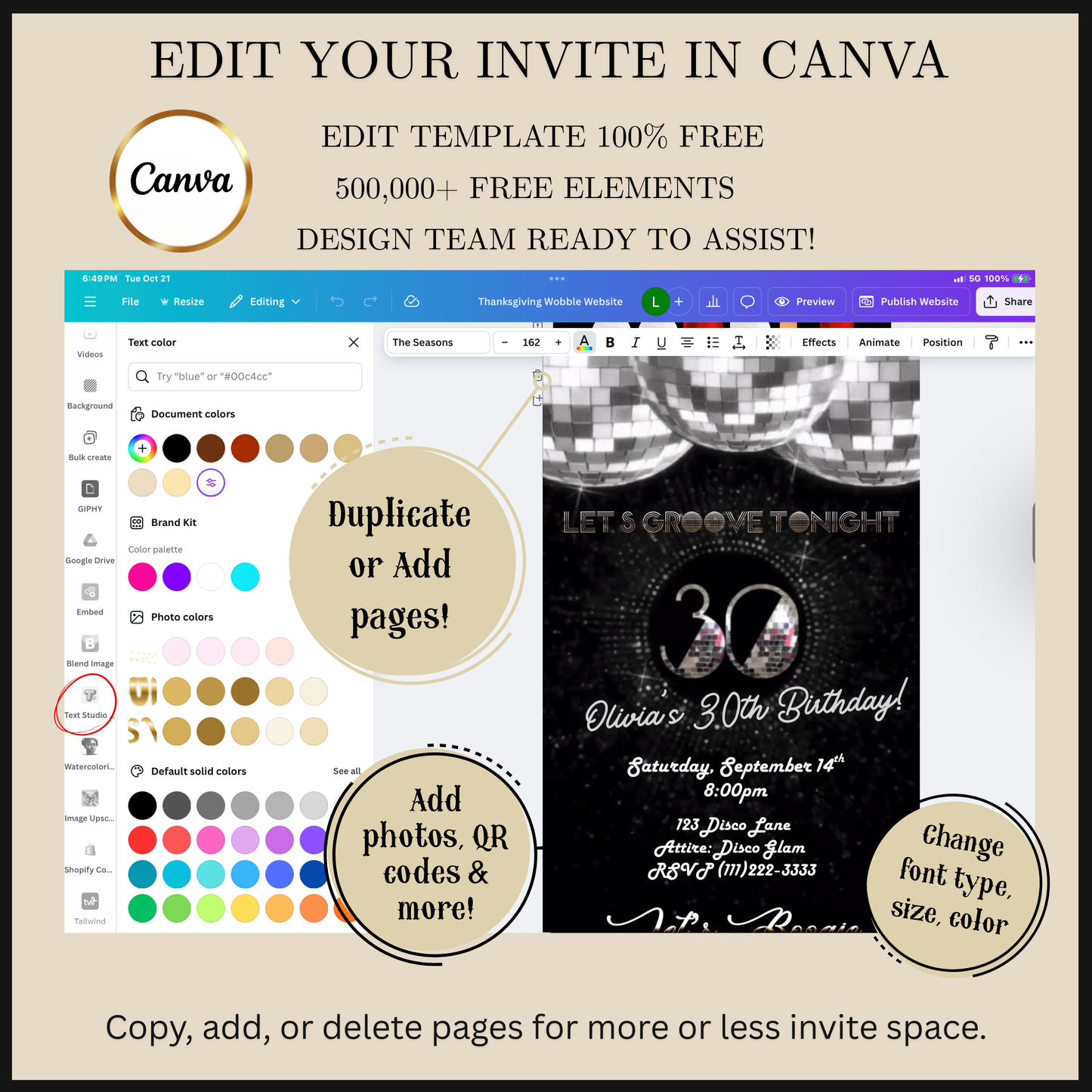 Editable silver disco 30th birthday video invitation displayed on a mobile phone, featuring an animated vertical digital invite with music, created in Canva. This premium video invitation template is designed for sharing by text, email, and social media and works with an interactive RSVP website for easy guest response tracking.