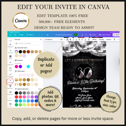 Editable silver disco 30th birthday video invitation displayed on a mobile phone, featuring an animated vertical digital invite with music, created in Canva. This premium video invitation template is designed for sharing by text, email, and social media and works with an interactive RSVP website for easy guest response tracking.