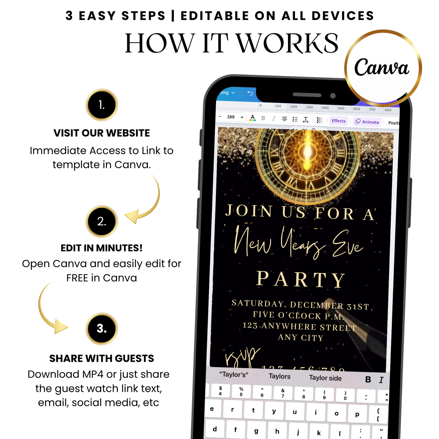 Silver glitter New Year countdown video invitation