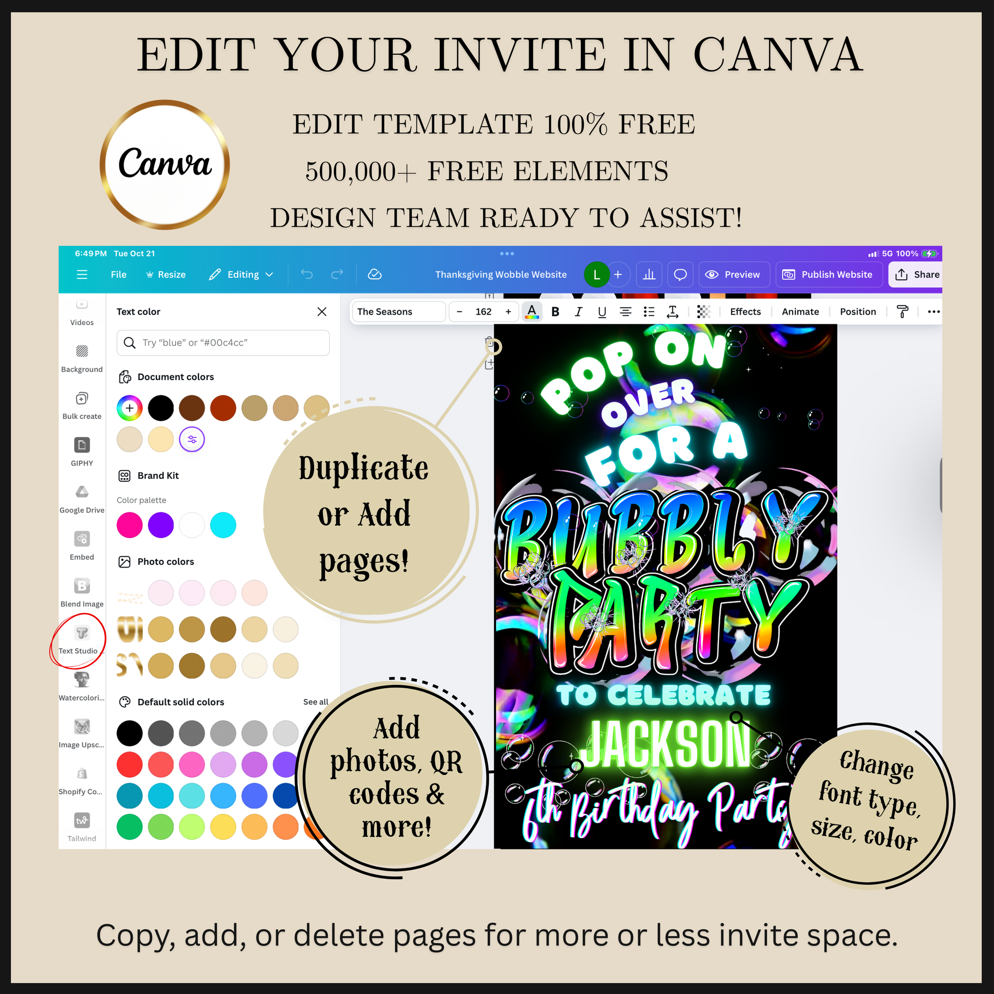 Editable colorful bubble kids birthday party video invitation displayed on a mobile phone, featuring an animated vertical digital invite with music, created in Canva. This premium video invitation template is designed for sharing by text, email, and social media and works with an interactive RSVP website for easy guest response tracking.