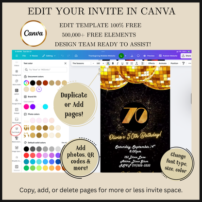 Editable gold disco 70th birthday video invitation displayed on a mobile phone, featuring an animated vertical digital invite with music, created in Canva. This premium video invitation template is designed for sharing by text, email, and social media and works with an interactive RSVP website for easy guest response tracking.