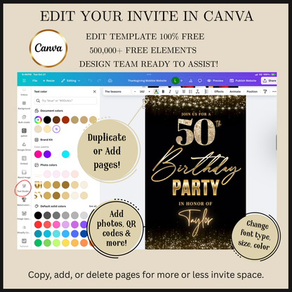 Editable black gold string lights 50th birthday video invitation displayed on a mobile phone, featuring an animated vertical digital invite with music, created in Canva. This premium video invitation template is designed for sharing by text, email, and social media and works with an interactive RSVP website for easy guest response tracking.