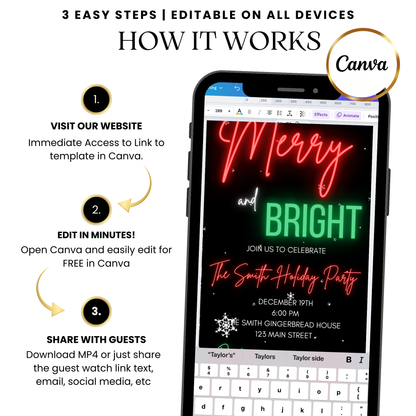Editable Neon Merry MP4 invitation template with modern design