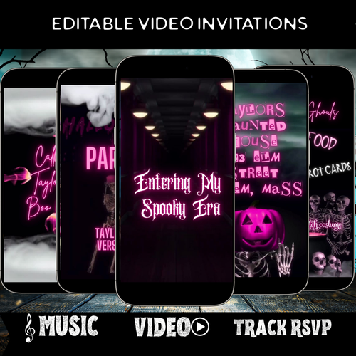 Editable halloween era party party video invitation displayed on a mobile phone, featuring an animated vertical digital invite with music, created in Canva. This premium video invitation template is designed for sharing by text, email, and social media and works with an interactive RSVP website for easy guest response tracking.