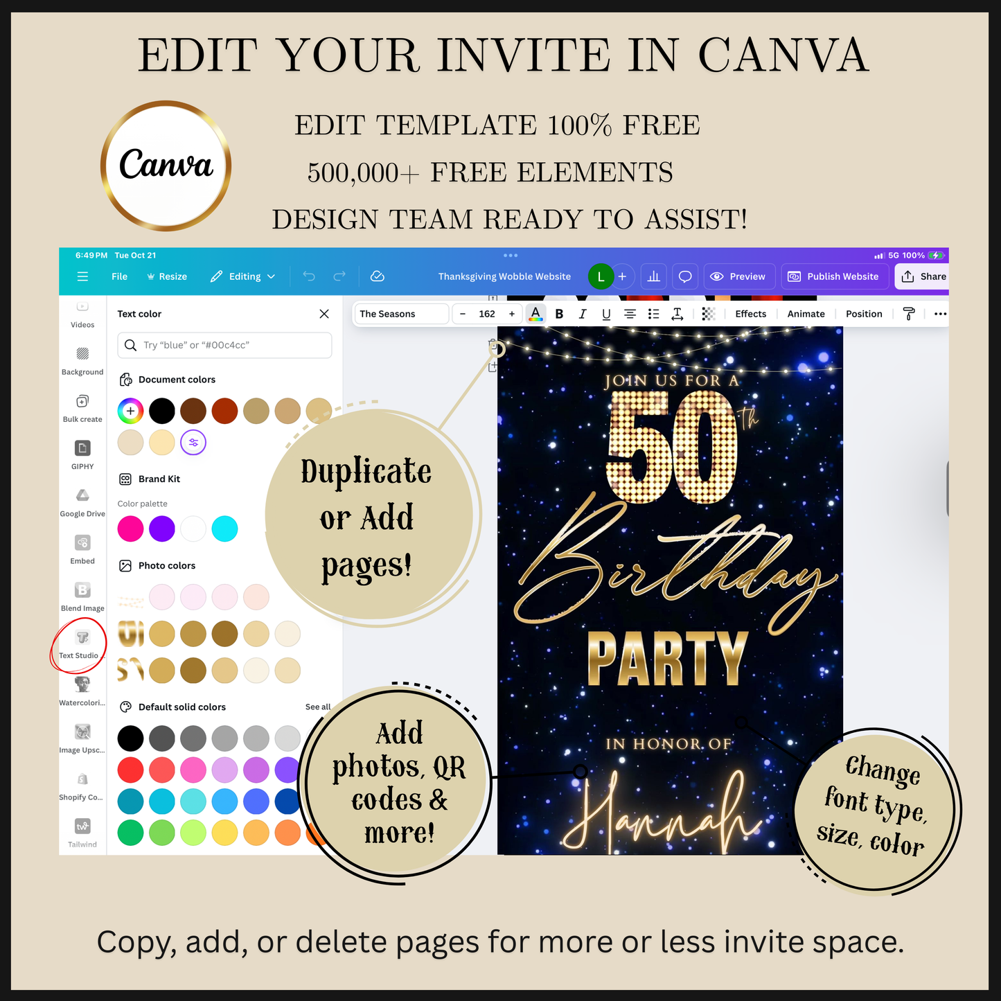 Editable blue starry lights 50th birthday video invitation displayed on a mobile phone, featuring an animated vertical digital invite with music, created in Canva. This premium video invitation template is designed for sharing by text, email, and social media and works with an interactive RSVP website for easy guest response tracking.