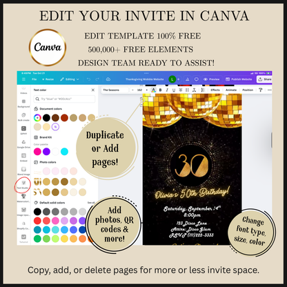 Editable gold disco 30th birthday video invitation displayed on a mobile phone, featuring an animated vertical digital invite with music, created in Canva. This premium video invitation template is designed for sharing by text, email, and social media and works with an interactive RSVP website for easy guest response tracking.