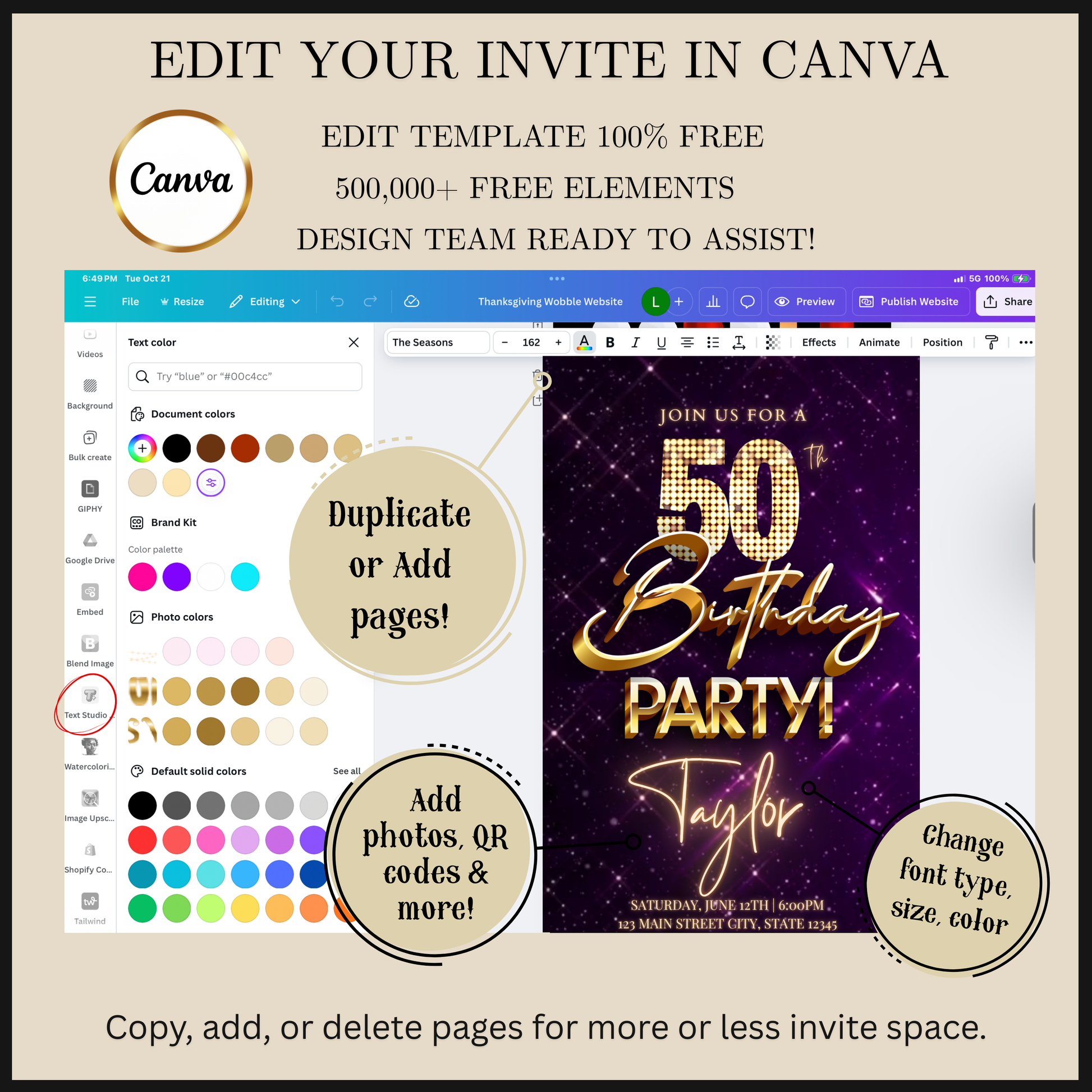 Editable purple gold sparkle 50th birthday video invitation displayed on a mobile phone, featuring an animated vertical digital invite with music, created in Canva. This premium video invitation template is designed for sharing by text, email, and social media and works with an interactive RSVP website for easy guest response tracking.