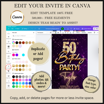 Editable purple gold sparkle 50th birthday video invitation displayed on a mobile phone, featuring an animated vertical digital invite with music, created in Canva. This premium video invitation template is designed for sharing by text, email, and social media and works with an interactive RSVP website for easy guest response tracking.