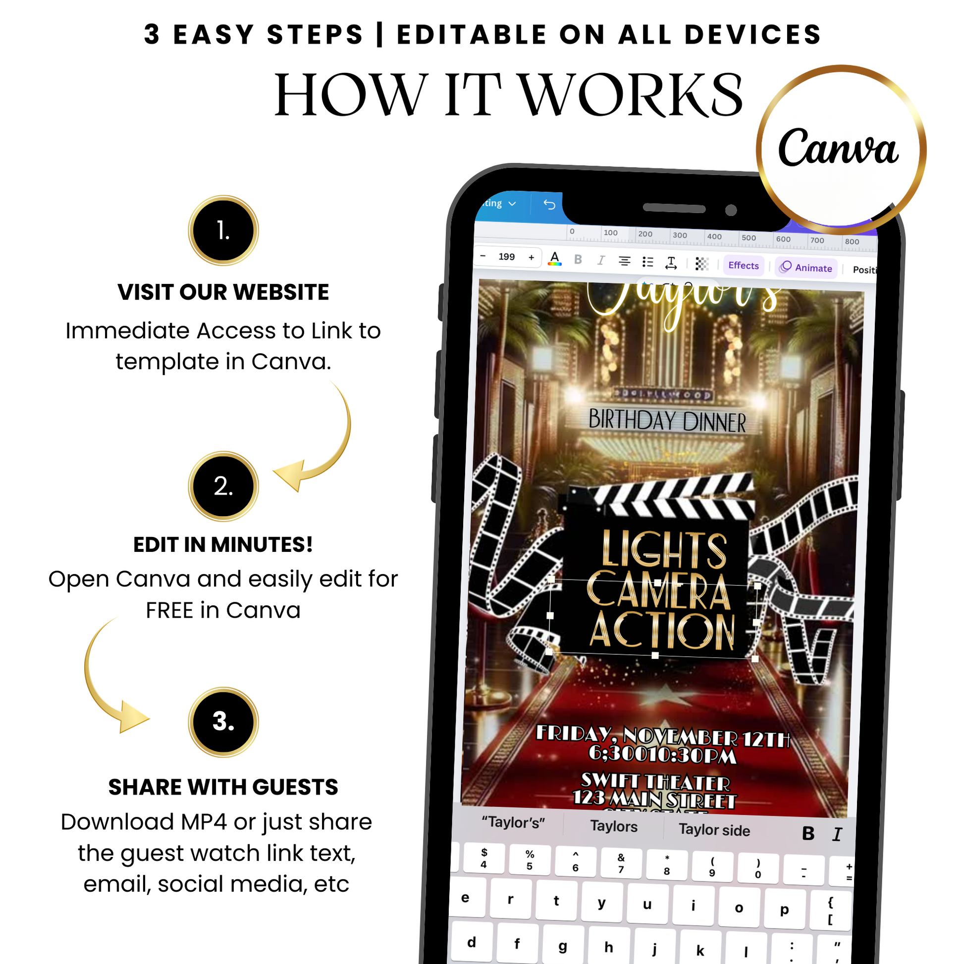 Editable Hollywood dinner MP4 invite with gold accents