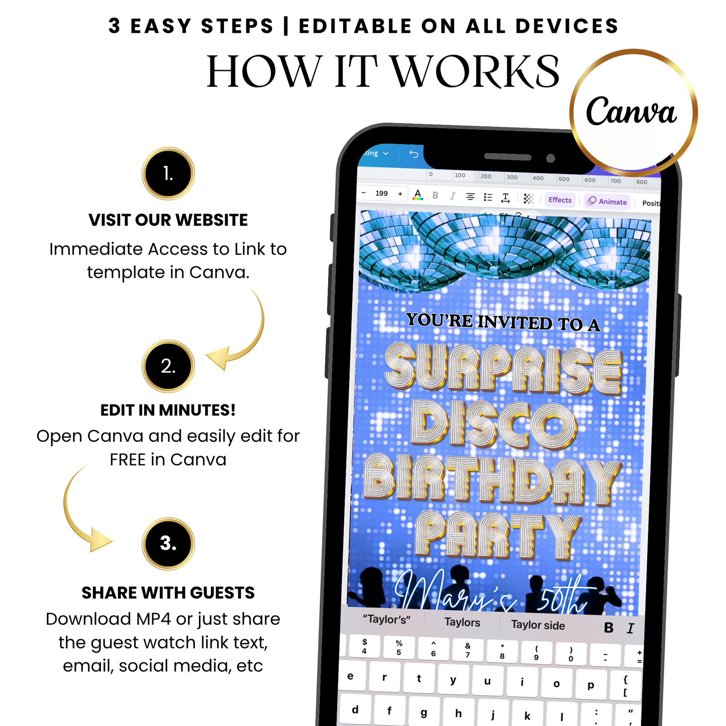 Disco ball dance video invitation template blue