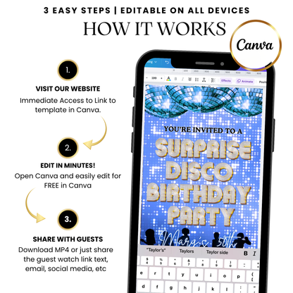 Disco ball dance video invitation template blue