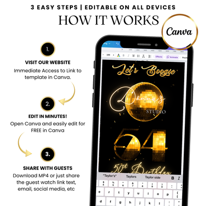 Gold Disco Birthday Party Video Invitation – 70s Glam Dance Night Evite Instant Download