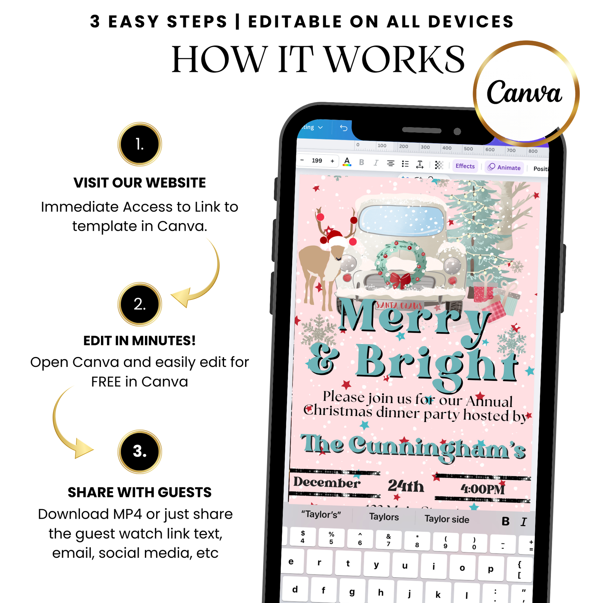 Editable Pink Merry & Bright MP4 template with festive fonts
