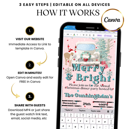 Editable Pink Merry & Bright MP4 template with festive fonts