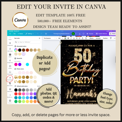 Editable gold fireworks 50th birthday party video invitation displayed on a mobile phone, featuring an animated vertical digital invite with music, created in Canva. This premium video invitation template is designed for sharing by text, email, and social media and works with an interactive RSVP website for easy guest response tracking.