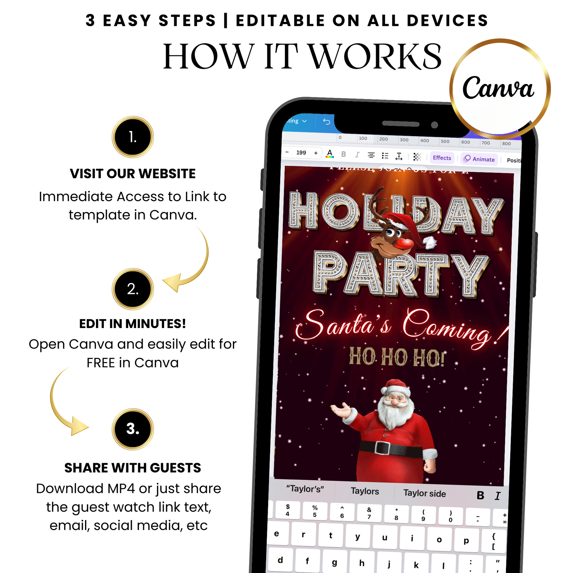 Vertical Santa Deluxe party video invite with gold details