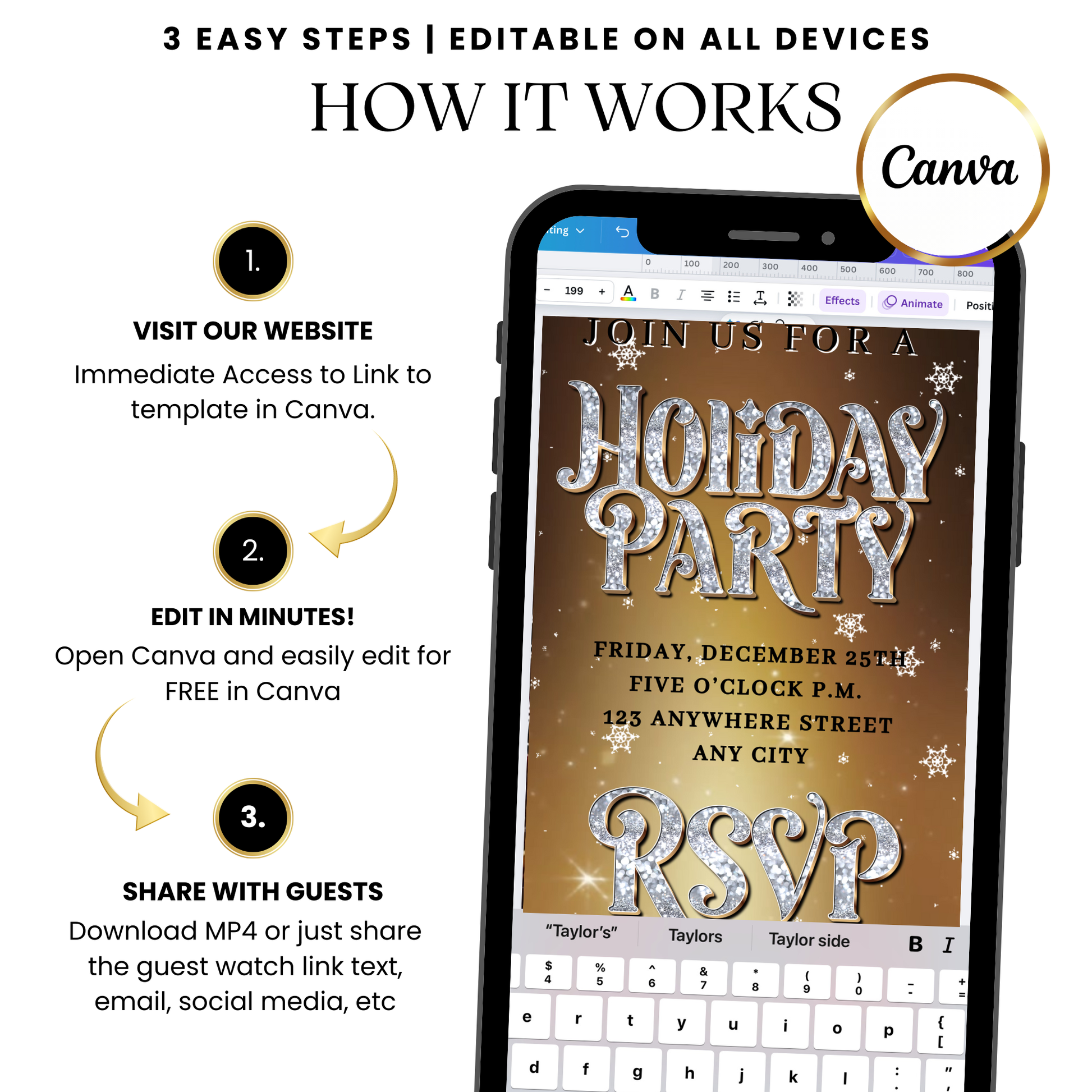 Editable gold MP4 party invitation template with elegant fonts