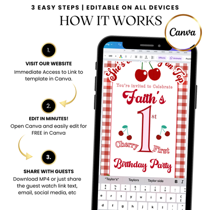 Customizable cherry party video invite with fruity graphics