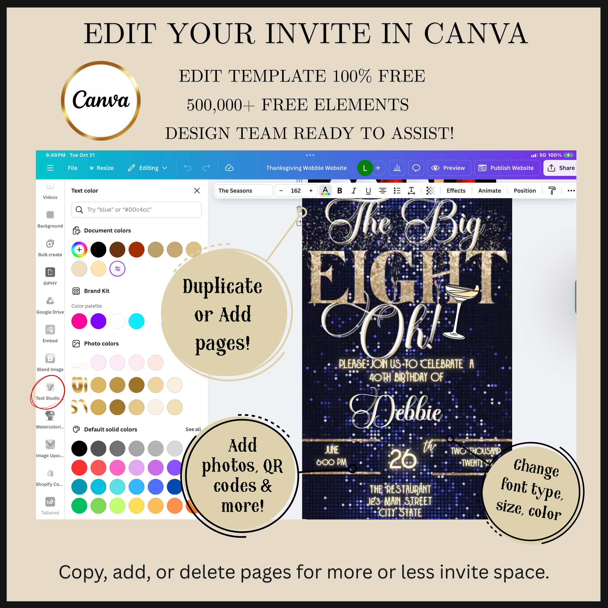 Editable navy blue glitter cocktail 80th birthday video invitation displayed on a mobile phone, featuring an animated vertical digital invite with music, created in Canva. This premium video invitation template is designed for sharing by text, email, and social media and works with an interactive RSVP website for easy guest response tracking.