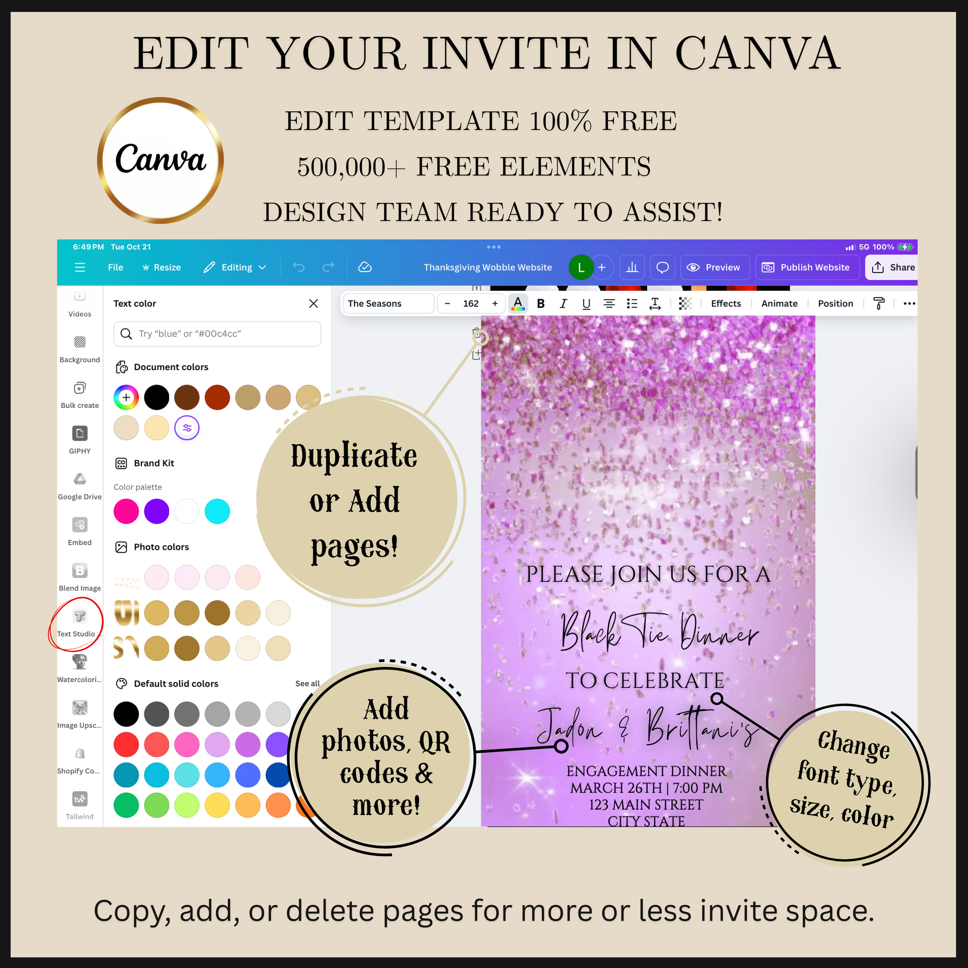 Editable purple watercolor glitter black tie engagement dinner video invitation displayed on a mobile phone, featuring an animated vertical digital invite with music, created in Canva. This premium video invitation template is designed for sharing by text, email, and social media and works with an interactive RSVP website for easy guest response tracking.