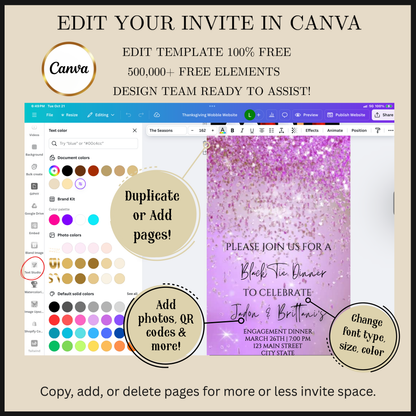 Editable purple watercolor glitter black tie engagement dinner video invitation displayed on a mobile phone, featuring an animated vertical digital invite with music, created in Canva. This premium video invitation template is designed for sharing by text, email, and social media and works with an interactive RSVP website for easy guest response tracking.