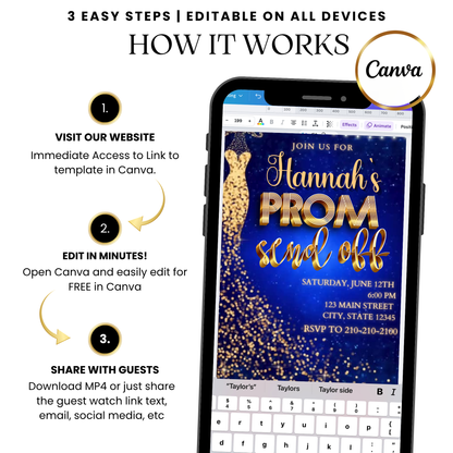 Blue gold glitter prom video invitation template